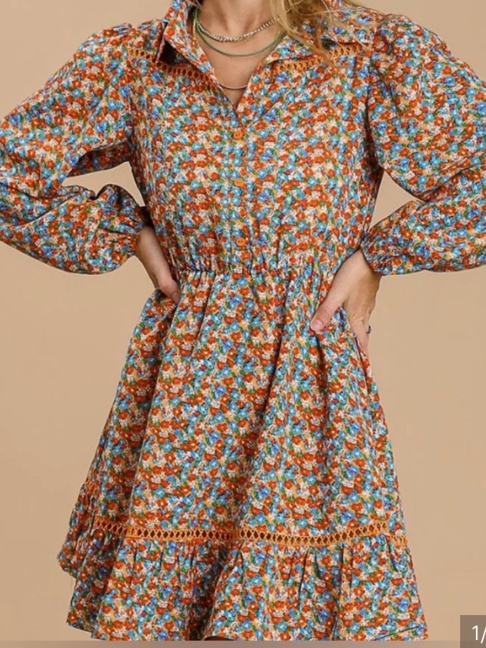 Umgee Orange Multi Floral Button-Down Crochet Trim Dress: M